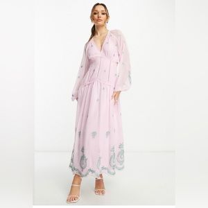 NWT ASOS Design V Neck Open Back Embroidered Maxi